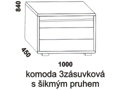 Komoda Melania 3zásuvková z masivu – rozměrový nákres. Zásuvka komody s šikmým pruhem. Provedení: masivní buk, jádrový buk. Více barevných odstínů.