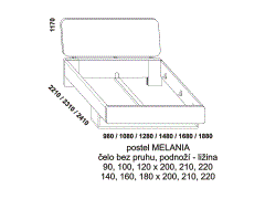 Postel Melania z masivu – rozměrový nákres. Podnoží postele – ližina. Zadní čelo postele bez pruhu. Více barevných odstínů. Česká výroba.