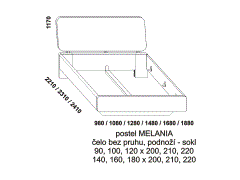 Postel Melania z masivu – rozměrový nákres. Podnoží postele – sokl. Zadní čelo postele bez pruhu. Více barevných odstínů. Česká výroba.