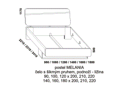 Postel Melania z masivu – rozměrový nákres. Podnoží postele – ližina. Zadní čelo postele s šikmým pruhem. Více barevných odstínů. Česká výroba.
