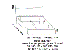 Postel Melania z masivu – rozměrový nákres. Podnoží postele – sokl. Zadní čelo postele s šikmým pruhem. Více barevných odstínů. Česká výroba.