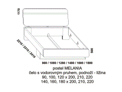 Postel Melania z masivu – rozměrový nákres. Podnoží postele – ližina. Zadní čelo postele s vodorovným pruhem. Více barevných odstínů. Česká výroba.