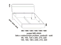 Postel Melania z masivu – rozměrový nákres. Podnoží postele – sokl. Zadní čelo postele s vodorovným pruhem. Více barevných odstínů. Česká výroba.