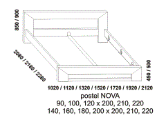 Postel Nova z masivu – rozměrový nákres. Provedení: masivní buk. Kvalitní postel. Povrchová úprava: olej nebo lak. Více barevných odstínů. Česká výroba.