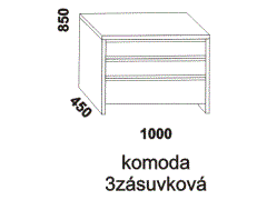 Komoda Romana 3zásuvková – rozměrový nákres. Provedení: masivní buk. Více barevných odstínů. Kvalitní zpracování. Česká výroba.