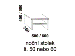 Noční stolek Romana z masivu. Rozměrový nákres. Provedení: masivní buk, dub. Kvalitní konstrukce. Český výrobek.