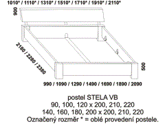 Postel Stela z masivu – rozměrový nákres. Šikmé zadní čelo. Vysoké bočnice. Provedení: masivní buk. Kvalitní postel. Česká výroba.