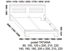 Postel Tatiana z masivu – rozměrový nákres. Obě čela postele s fazetou. Provedení: masivní buk. Český výrobek. Vysoká kvalita.