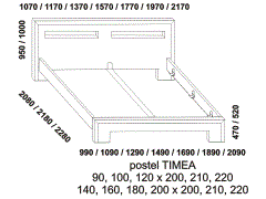 Postel Timea z masivu – rozměrový nákres. Obě čela postele s fazetou. Provedení: masivní buk. Český výrobek. Vysoká kvalita.