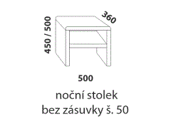 Noční stolek Tosca bez zásuvky z masivu. Rozměrový nákres. Provedení: masivní buk. Kvalitní konstrukce. Český výrobek.