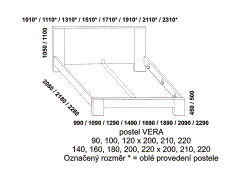 Postel Vera z masivu - rozměrový nákres. Vysoké plné zadní čelo. Provedení: masivní buk. Vysoká kvalita. Česká výroba.