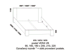 Postel Vera z masivu – rozměrový nákres. Vysoké plné zadní čelo. Vysoké bočnice. Provedení: masivní dub. Vysoká kvalita. Česká výroba.
