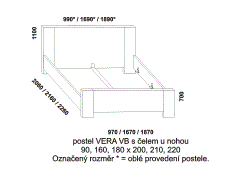 Postel Vera z masivu – rozměrový nákres. Vysoké plné zadní čelo. Zvýšené čelo u nohou. Vysoké bočnice. Provedení: masivní dub. Vysoká kvalita. Česká výroba.