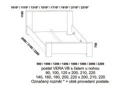 Postel Vera z masivu – rozměrový nákres. Vysoké plné zadní čelo. Zvýšené čelo u nohou. Vysoké bočnice. Provedení: masivní buk. Vysoká kvalita. Česká výroba.