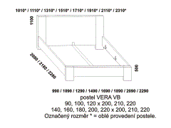 Postel Vera z masivu – rozměrový nákres. Vysoké plné zadní čelo. Vysoké bočnice. Provedení: masivní buk. Vysoká kvalita. Česká výroba.