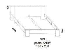 Postel Andy z masivu – rozměrový nákres. Provedení: masivní jádrový buk. Akční postel. Český výrobek. Vysoká kvalita.