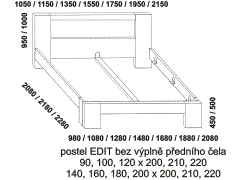 Postel Edit, přední čelo bez výplně – rozměrový nákres. Rohové nohy u předního čela postele. Dýhovaná výplň v zadním čele. Provedení: buk masiv. Český výrobek.
