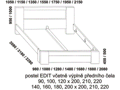 Postel Edit – rozměrový nákres. Rohové nohy u předního čela postele. Dýhovaná výplň v zadním i předním čele postele. Provedení: buk masiv. Český výrobek.