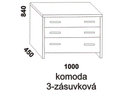 Komoda Lena 3zásuvková – rozměrový nákres. Provedení: masivní buk. Kvalitní konstrukce. Česká výroba.