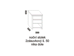 Noční stolek Rita dvouzásuvkový – rozměrový nákres. Provedení: masivní buk, dub. Nika dole. Kvalitní zpracování. Česká výroba.