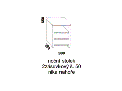 Noční stolek Rita dvouzásuvkový – rozměrový nákres. Provedení: masivní buk, dub. Nika nahoře. Kvalitní zpracování. Česká výroba.