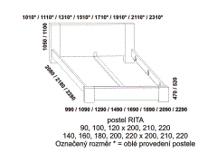 Postel Rita z masivu – rozměrový nákres. Vysoké plné zadní čelo. Provedení: masivní buk. Vysoká kvalita. Česká výroba.