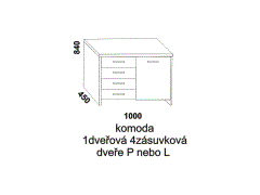 Komoda 1dveřová 4zásuvková – rozměrový nákres. Provedení: masivní buk, dub. Kvalitní konstrukce. Česká výroba.