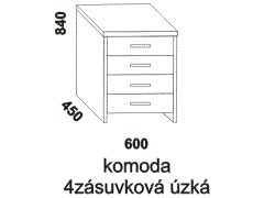 Komoda 4zásuvková, úzká. Rozměrový nákres. Provedení: masivní dub, buk. Kvalitní konstrukce. Česká výroba.