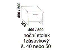 Noční stolek jednozásuvkový z masivu. Rozměrový nákres. Provedení: masivní dub, buk. Český výrobek. Vysoká kvalita.