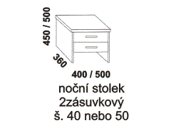 Noční stolek dvouzásuvkový z masivu. Rozměrový nákres. Provedení: masivní dub, buk. Český výrobek. Vysoká kvalita.
