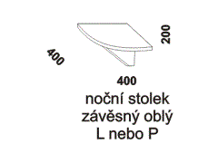 Závěsný noční stolek oblý. Rozměrový nákres. Provedení: masivní dub, buk. Český výrobek. Vysoká kvalita.