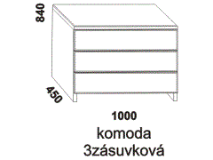 Komoda Vivi 3zásuvková – rozměrový nákres. Provedení: masivní buk. Více barevných odstínů. Kvalitní zpracování. Česká výroba.