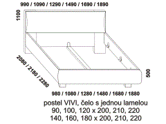 Postel Vivi z masivu – rozměrový nákres. Čelo s jednou lamelou. Provedení: masivní buk. Český výrobek. Vysoká kvalita.