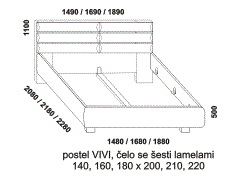 Postel Vivi z masivu – rozměrový nákres. Čelo se šesti lamelami. Provedení: masivní buk. Český výrobek. Vysoká kvalita.