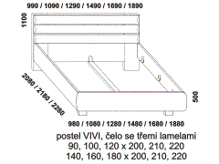Postel Vivi z masivu – rozměrový nákres. Čelo se třemi lamelami. Provedení: masivní buk. Český výrobek. Vysoká kvalita.