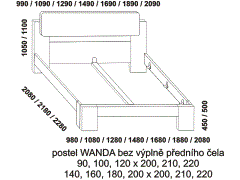 Postel Wanda, přední čelo bez výplně – rozměrový nákres. Rohové nohy u předního čela postele. Provedení: buk masiv. Český výrobek.
