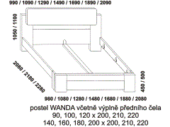 Postel Wanda, přední čelo včetně výplně – rozměrový nákres. Rohové nohy u předního čela postele. Provedení: buk masiv. Český výrobek.