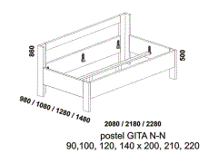 Postel Gita - rozměrový nákres. Obě čela nízká. Provedení: LTD. Více barevných dezénů. Vysoká kvalita.