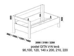 Postel Gita - rozměrový nákres. Levé čelo vysoké. Provedení: LTD. Více barevných dezénů. Vysoká kvalita.