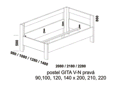 Postel Gita - rozměrový nákres. Pravé čelo vysoké. Provedení: LTD. Více barevných dezénů. Vysoká kvalita.