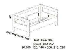 Postel Gita - rozměrový nákres. Obě čela vysoká. Provedení: LTD. Více barevných dezénů. Vysoká kvalita.