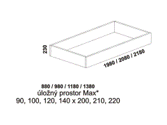 Úložný prostor pod postel Gita - rozměrový nákres. Provedení LTD. Více barevných dezénů. Do lůžka doporučujeme použít rošt s odklápěním.