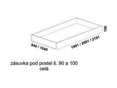 Zásuvka celá pod postel Gita - rozměrový nákres. Provedení: LTD. Široká nabídka barevných dezénů. Kvalitní zpracování.