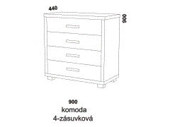 Komoda Notaxo 4-zásuvková - rozměrový nákres. Kvalitní výrobek. Provedení LTD. Více barevných dezénů. Vhodná do ložnice. 