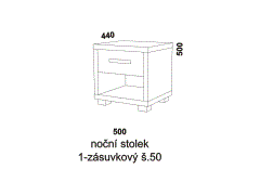 Noční stolek Notaxo s praktickým šuplíkem - rozměrový nákres. Noční stolek je 50cm široký. Kvalitní výrobek. Provedení LTD. Více barevných dezénů. 