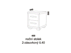 Noční stolek Notaxo 2-zásuvkový - rozměrový nákres. Noční stolek je 40cm široký. Kvalitní výrobek. Provedení LTD. Více barevných dezénů. 