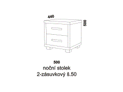 Noční stolek Notaxo 2-zásuvkový - rozměrový nákres. Noční stolek je 50cm široký. Kvalitní výrobek. Provedení LTD. Více barevných dezénů. 