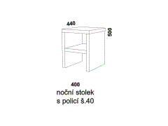 Noční stolek Notaxo s policí - rozměrový nákres. Noční stolek je 40cm široký. Kvalitní výrobek. Provedení LTD. Více barevných dezénů. 