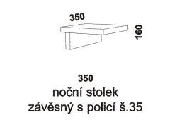 Noční stolek Notaxo závěsný s policí - rozměrový nákres. Šířka nočního stolku je 35 cm. Kvalitní výrobek. Provedení LTD. Více barevných dezénů.