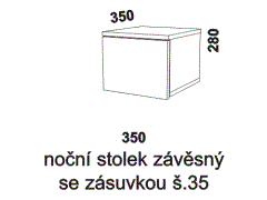 Noční stolek Notaxo závěsný se zásuvkou - rozměrový nákres. Šířka nočního stolku je 35 cm. Kvalitní výrobek. Provedení LTD. Více barevných dezénů.